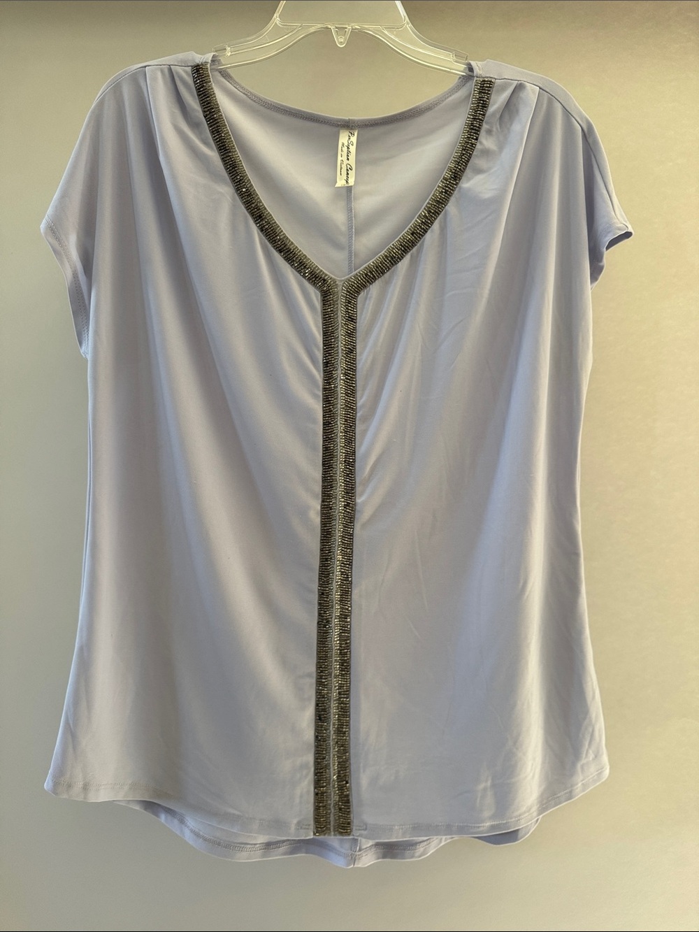 PerSeption Concept Lavender Grey Short Sleeve Top with Two Tone Metallic Trim